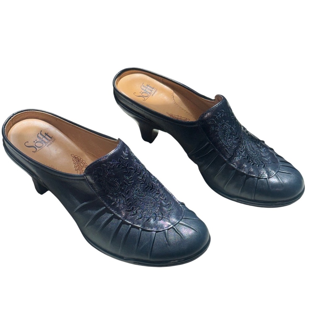 Sofft‎ Navy Blue Leather Embroidered Paisley Mule Kitten Heels Womens 8M 1011107